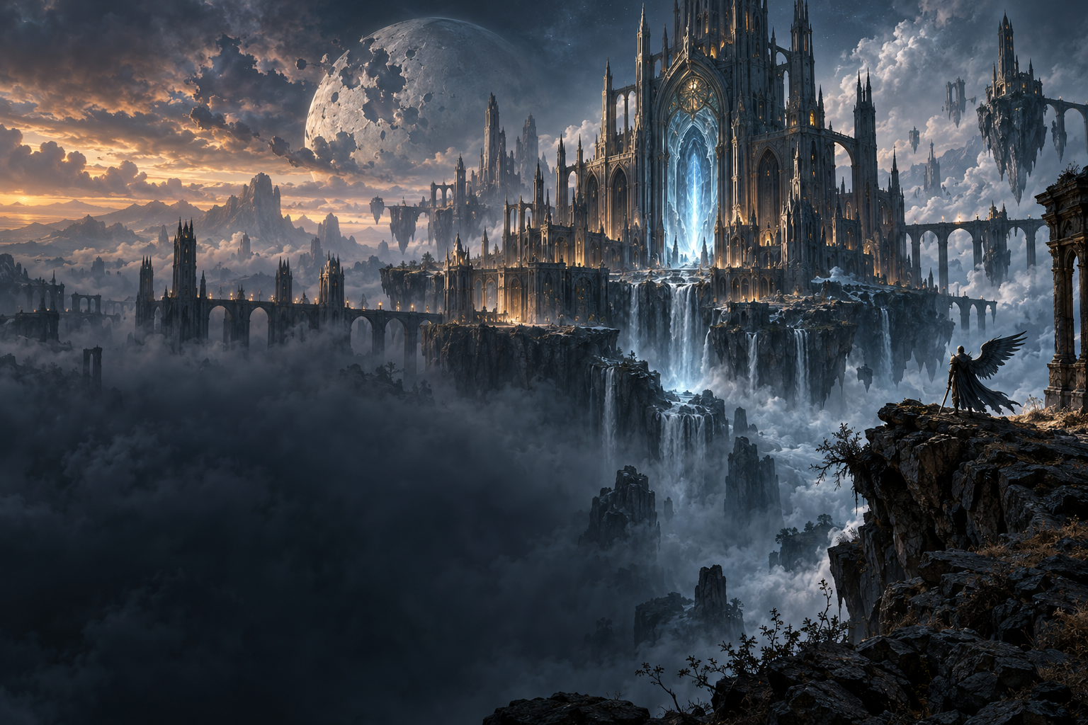 A towering ancient citadel above misty floating cliffs under a pale blue sky